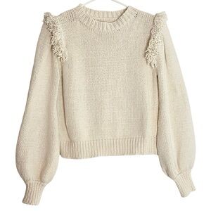 AYNI Sweater Womens Size Medium Ecru Fringe Balloon Sleeve Cotton Crewneck